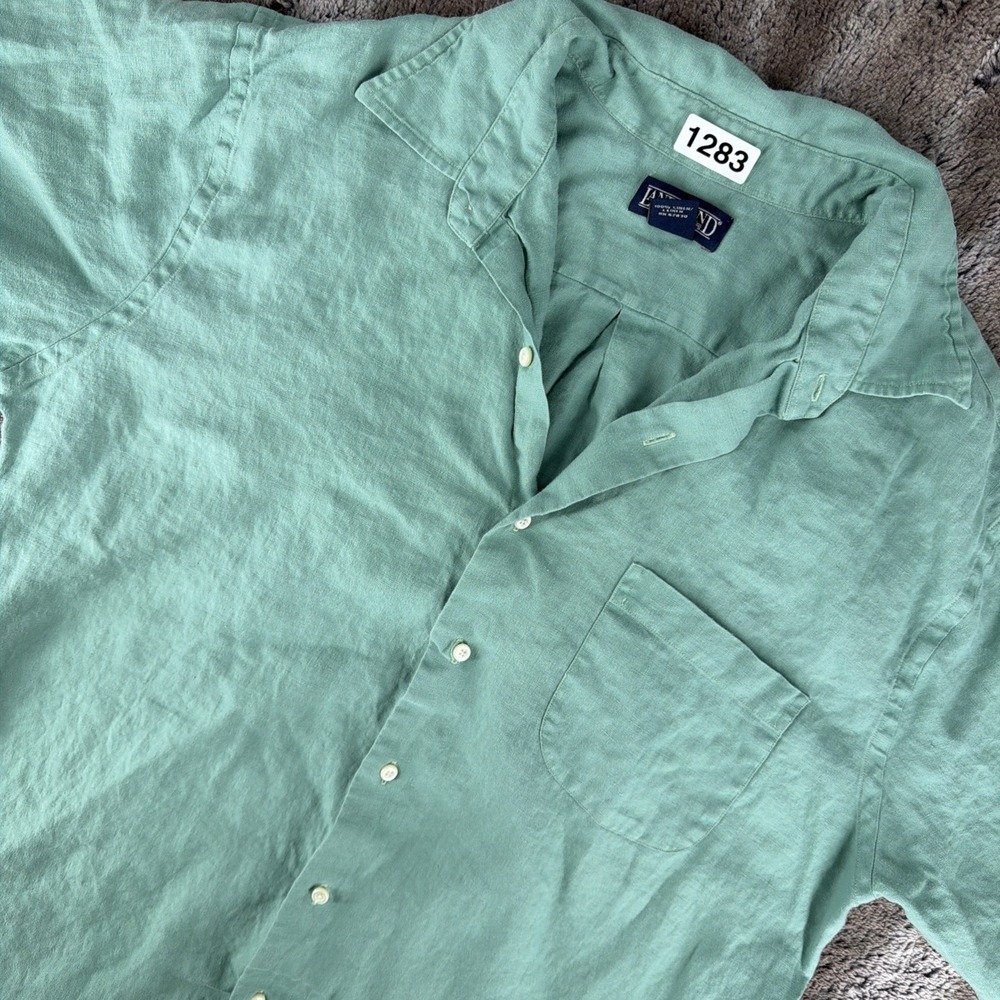Vintage Men's LANDS END Green Linen Button Shirt L 16-16.5 Coastal Nautical